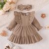 2Pcs Baby Girl Cute Ruffle Dress Set Long Sleeve Cake Dress with Matching Headband Infant Birthday Party Clothes for 0-18 Months