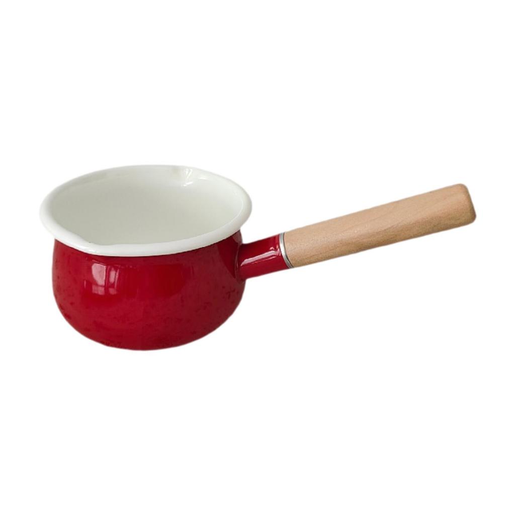 Small Enamel Milk Pot Porridge Cooking Pot with Wooden Handle Butter Warmer for Cooking Stove Top Home Camping RV Travel