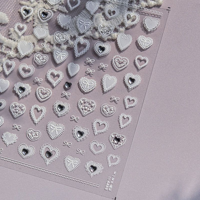 

Bright Crystal Heart-Shaped Lace Bows Nail Sticker Relief 5D New Arrival 3dstereo Internet Celebrity Nail Sticker Decorations White Heart Bows 4488