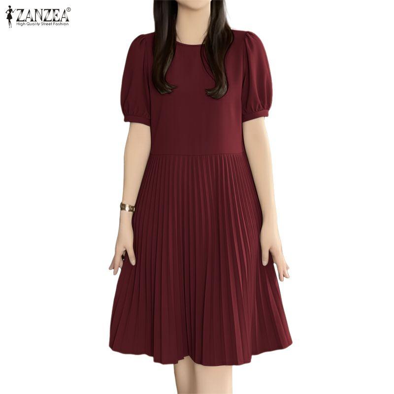 ZANZEA Women Daily Casual Round Neck Solid Color Short Sleeve Dress