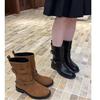 Korean 2025 Autumn Round Toe Ankle Boots with Square Heel & Buckle for Women