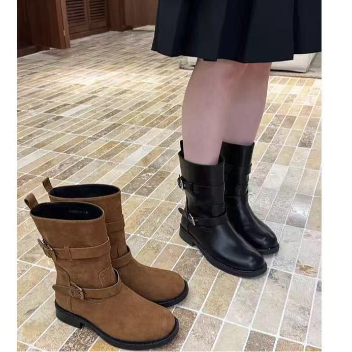 Korean 2025 Autumn Round Toe Ankle Boots with Square Heel & Buckle for Women