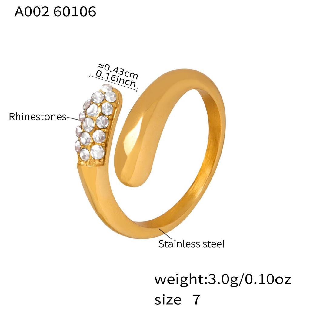 Simple Green & White Rhinestone Tri-Color Open Ring: 18K Gold-Plated Stainless Steel, European & American Style.