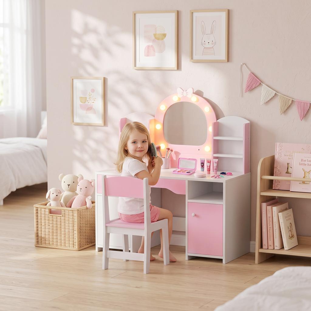 Kids Dressing Table, Kids Vanity Set with Stool, Pink