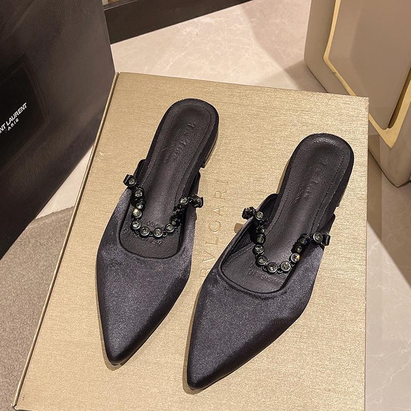 French temperament silver rhinestone bag head half slippers women's shoes wear 2025 new summer low heel half support single shoes