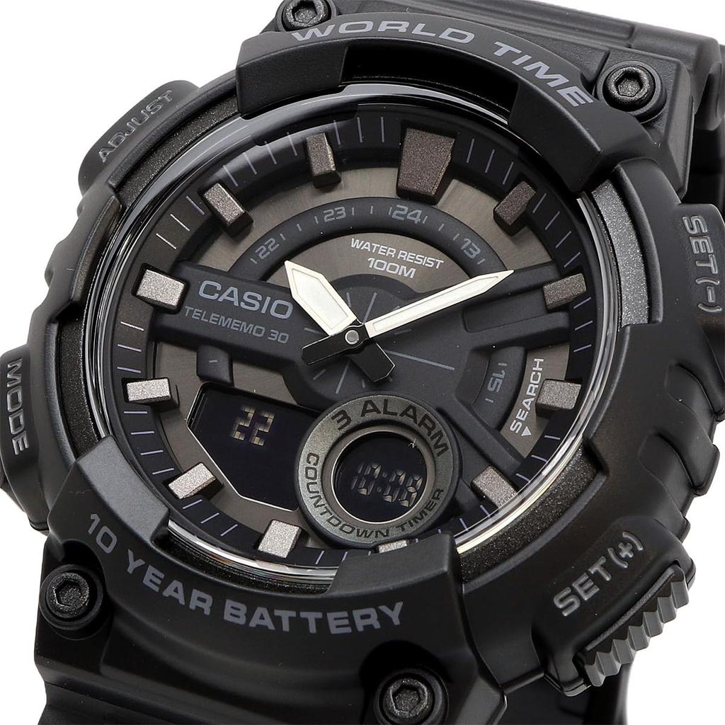 Casio AEQ-110W-1BV Men's World Time Analog-Digi Quartz Watch with Black Inverted LCD, Black, Overseas Model [Parallel Import]