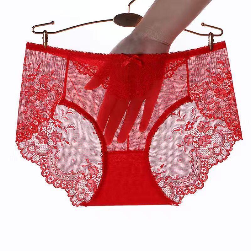 

Кружевные брюки, женские антибактериальные бесследные хлопковые брюки со средней талией, пикантные сетчатые ультратонкие прозрачные треугольные брюки, большие летние XL красный