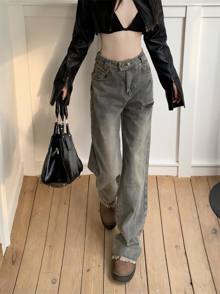 American 2000s Vintage Cargo Jeans Women High Waist Vintage Y2k Harajuku Denim Trousers Female Retro Fashion 90s Casual Wide Pants