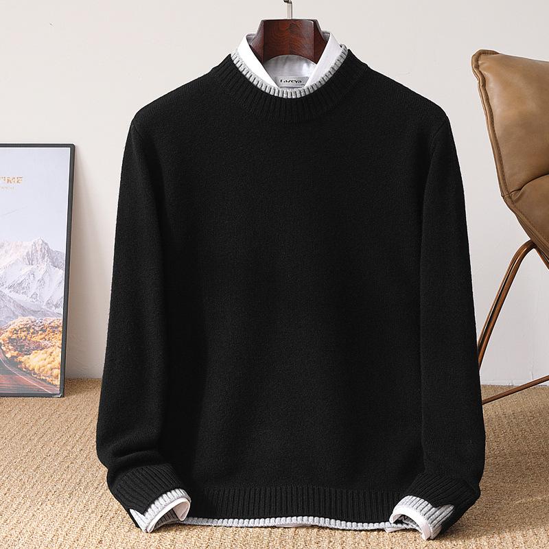 Men's Thickened Wool Sweater, Round Neck, Long Sleeve, Business Casual, Simple, Loose, Versatile Knit Outerwear, Base Layer
