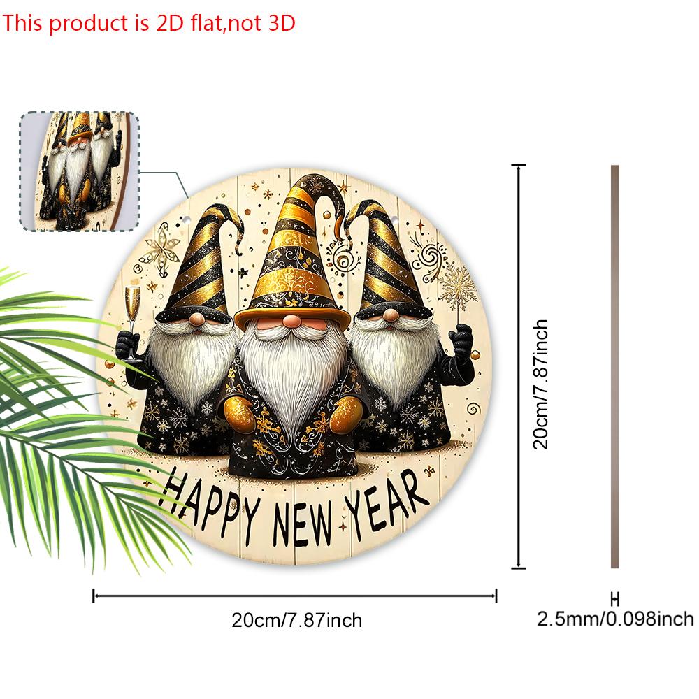Celebrate The New Year Wooden Ornament with Gnomes Pattern - Happy New Year Round Sign for Front Door, Wall Hanging Decor