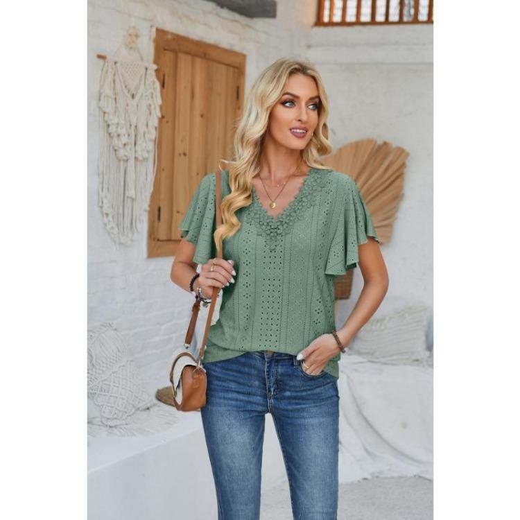 New Fashion Women's Lace V-neck Loose T-shirt Solid Color Ruffled Sleeves Spring Summer