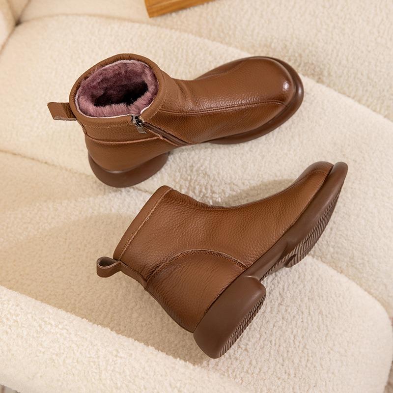 Winter new leather wool short boots warm and thickened medium mother shoes comfortable and foot fur integrated women's cotton shoes
