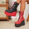 Color Blocked Side Zip Wedge Heel Mid-Calf Boots  Thick Sole Punk Gothic Boots For Women Front Lace Up Platform Shoes Botas