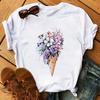 Maycaur Cute Floral Print Women T Shirt Summer Casual Short Sleeve Tshirt Ladies White Flower Tshirt