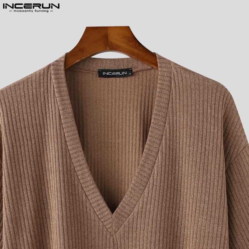 INCERUN Bărbați Deep V Jumătate cu mânecă lungă tricotată Casual Top cu coaste
