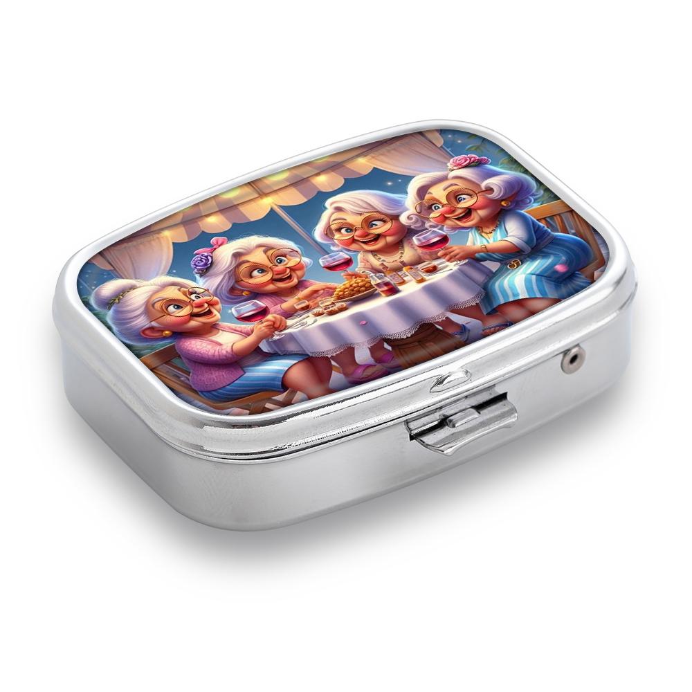 Portapillole Portatile con 2 Scomparti, Mini Custodia Organizer in Metallo per Medicine, Carino Contenitore Stampato per Pillole, Vitamine, Gioielli, Viaggio, Uso Quotidiano