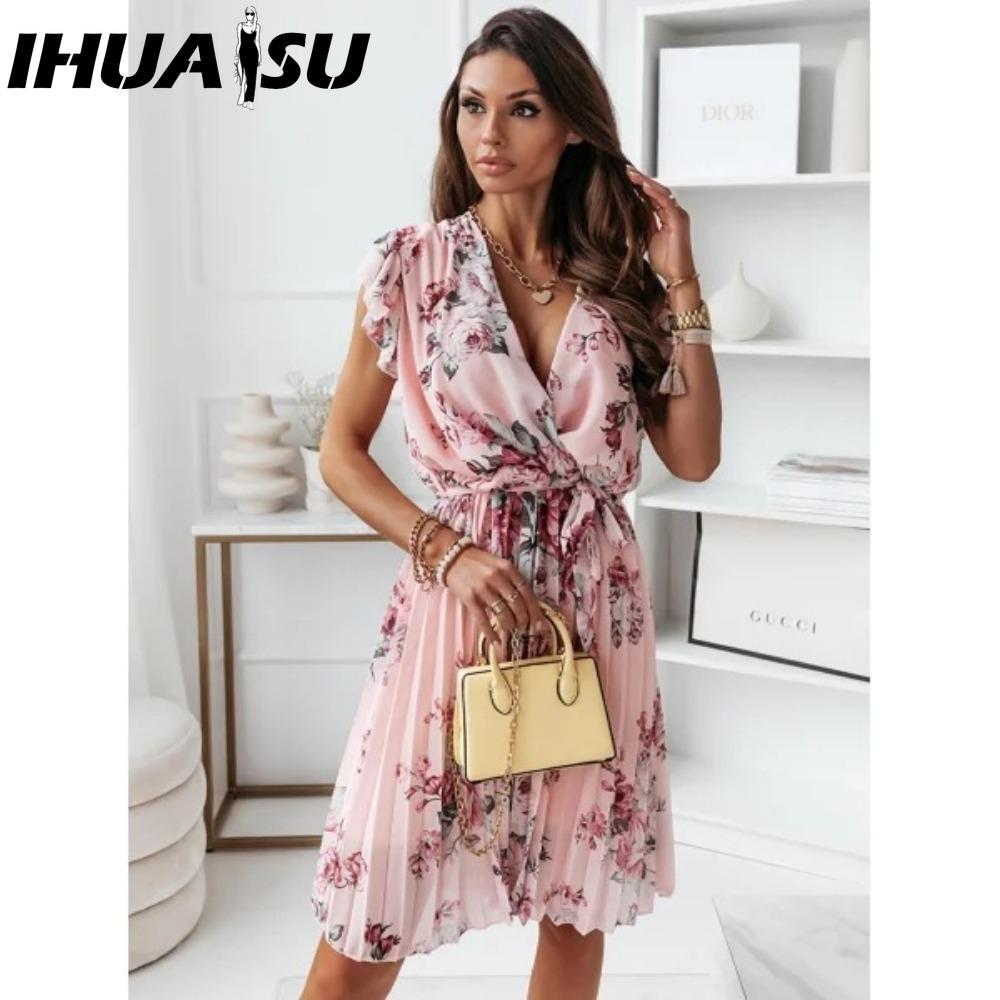 IHUASU Loose Summer Pleated Women Midi Dress V Neck High Waist Casual Dress
