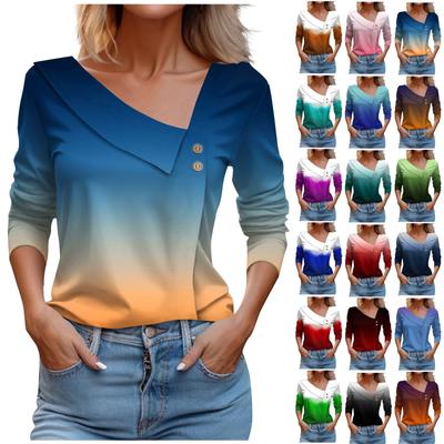 Damen Casual Fashion Gradient Langarm Revers V-Ausschnitt Knopf Pullover Top