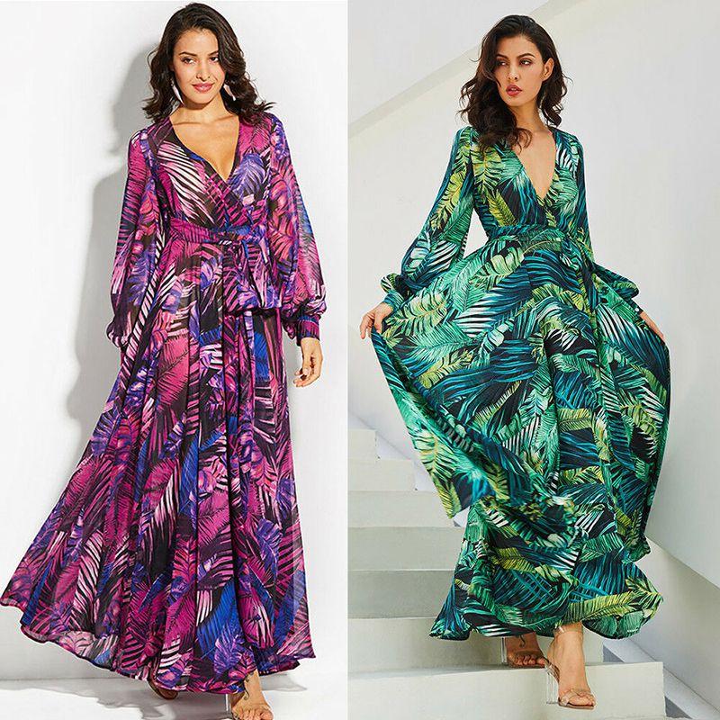 Elegant Women Ladies Chiffon Boho Long Sleeve Maxi Dress For Evening Events