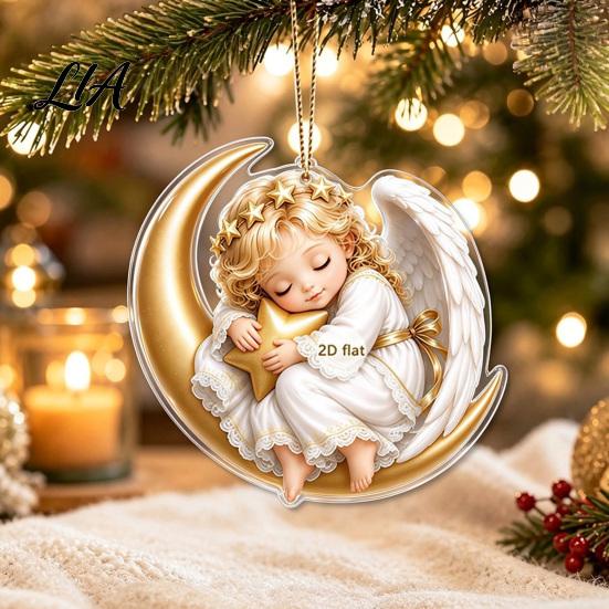 Festive Tree Ornament Christmas Angel Pendant with Lanyard, 2D Flat Acrylic Hanging for Party Decor Decoration, Cute Holiday Car Window Decoration