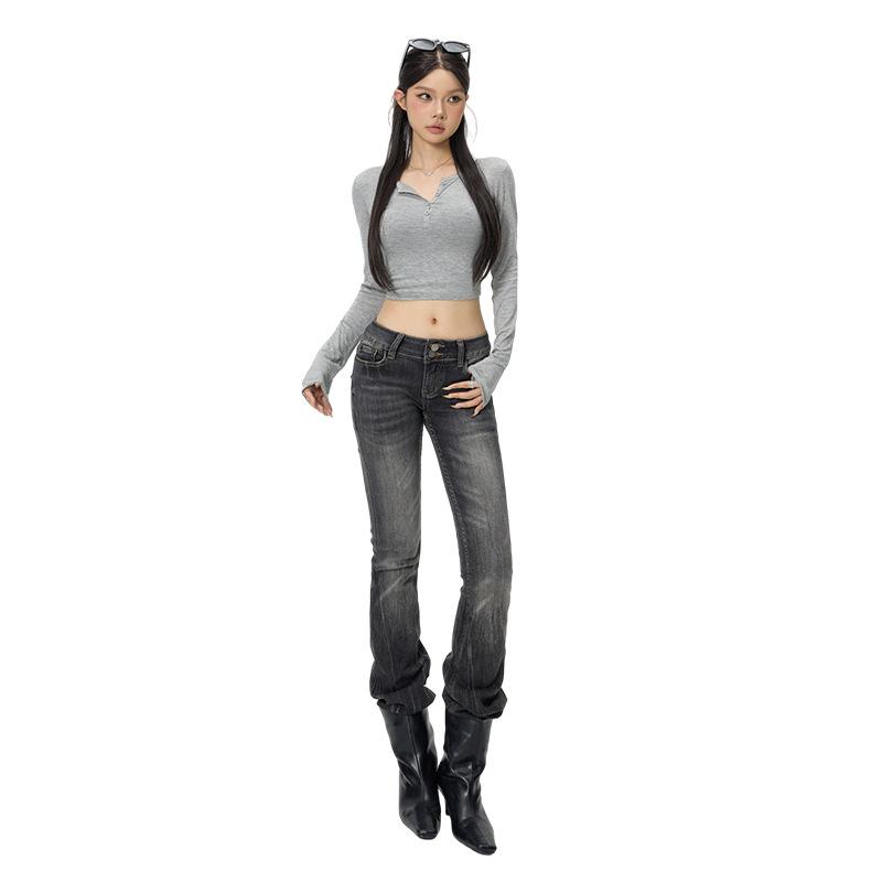 Spice girl low waist black gray slightly pulled jeans women's autumn and winter new elastic and thin versatile horseshoe flared pants