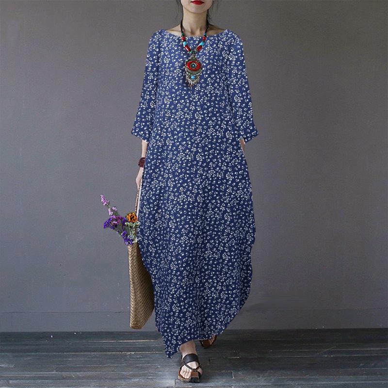 

ZANZEA Женское повседневное хлопковое платье с цветочным принтом, круглым вырезом и рукавами 3/4 5XL тёмно-синий