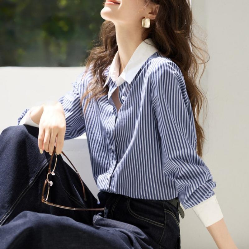 Women Striped Turn Down Collar Long Sleeve Casual Commuter Slim Fit Fashion Shirt M
