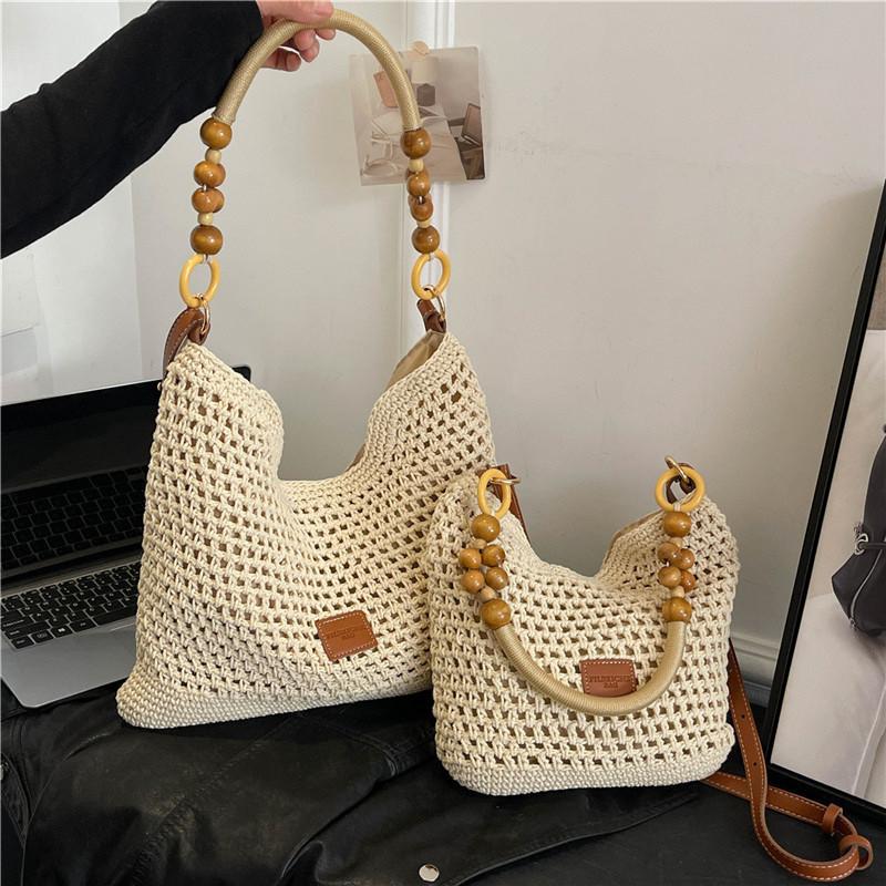Urban Minimalist Woven Tote Bag With Bead Decoration For Daily Outings
