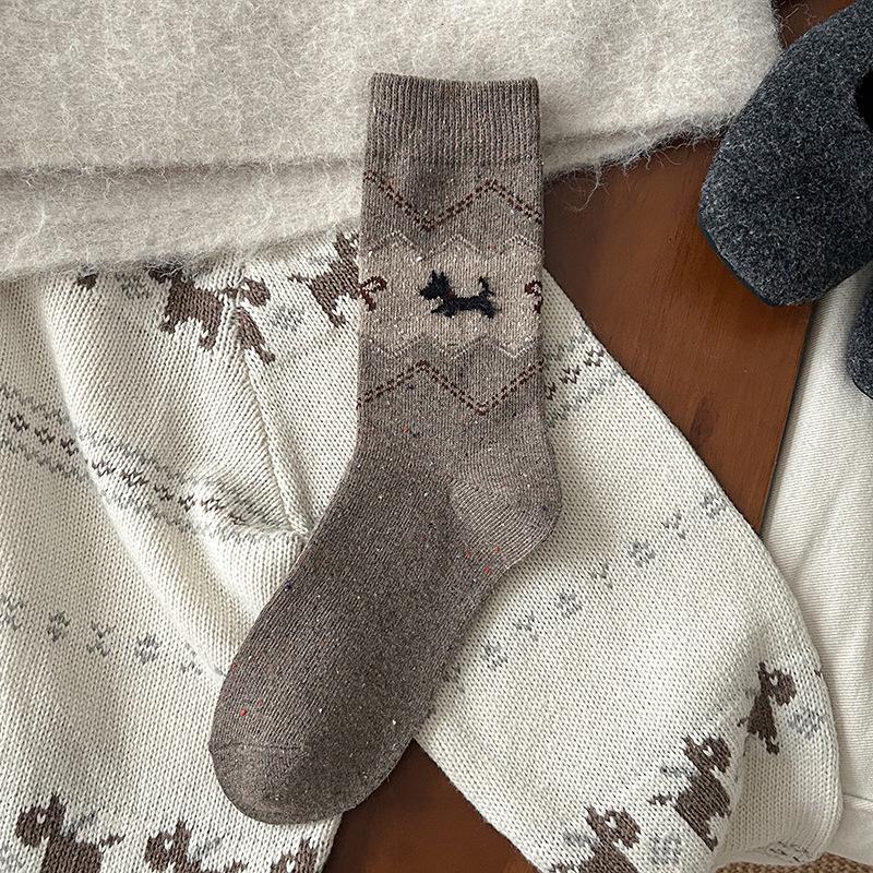 

Women s Warm Wool Fair Isle Mid-Calf Socks - Cute Retro Puppy Design for Autumn/Winter One Size
