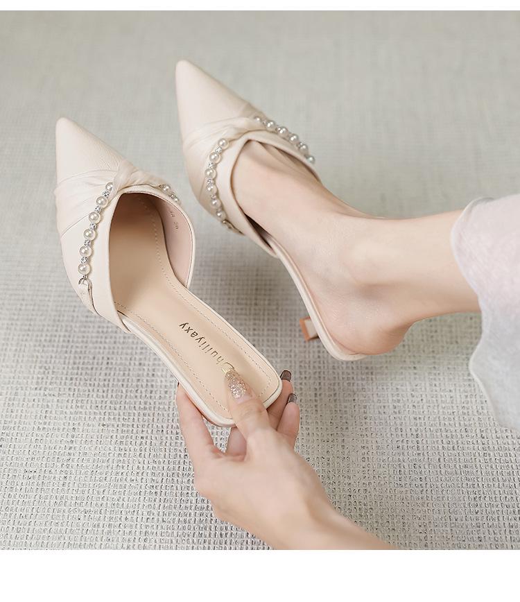 Huiliya Baotou Pointed Toe Women's Pearl Chunky Heel Mules 912-D86