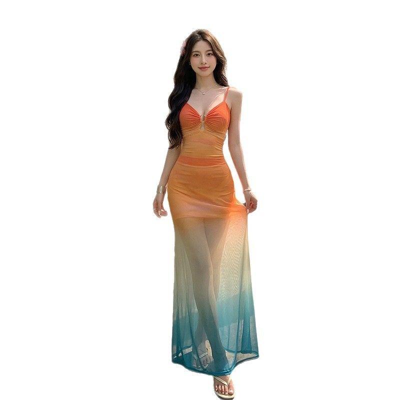 Sunset Dress Suspender Tie-dye Gradual Change of Color Holiday Atmosphere Vacation Dopamine Island Mesh Beautiful Vacation Style