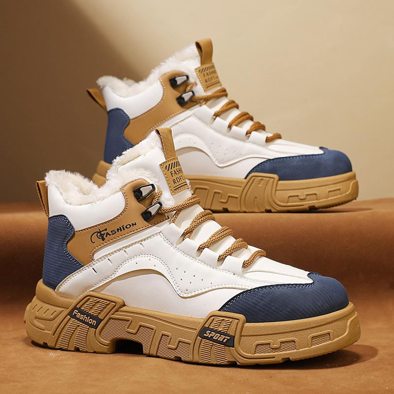 Padded Thickened Waterproof Casual Men's Sneakers Outdoor Hiking Shoe New Fashion Men's Winter Plush Shoes PU Leather Snow Boots