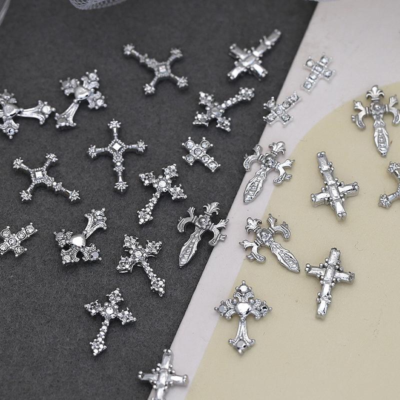 Minimalist Cross Nail Alloy Charms 30Pcs Box White K Diamond Metal Nail Accessories for DIY Nail Art Design