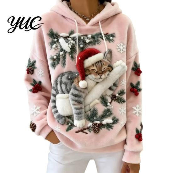 Winter Pullover Hoodie Damen Weihnachten Katze Aufdruck Hoodie, Übergroßes Langarm Sweatshirt, Tägliche Kleidung Sweatshirt Lässig Locker Kordelzug Kapuze