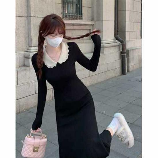 

Женское черное облегающее платье с воротником Питер Пэн и длинными рукавами L чёрный