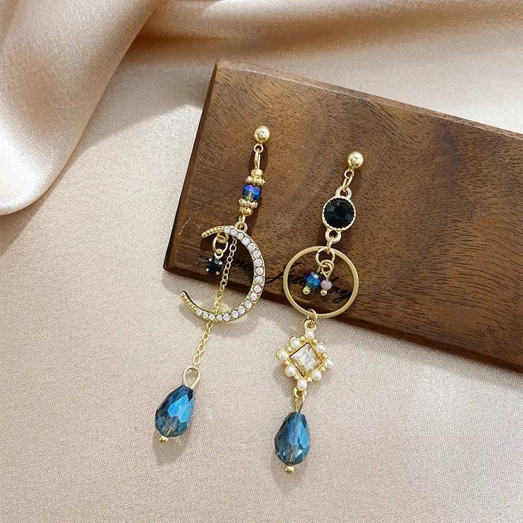 Baroque Teardrop Green Crystal Blue Rhinestone Pearl Clip On Earrings For Women Gift