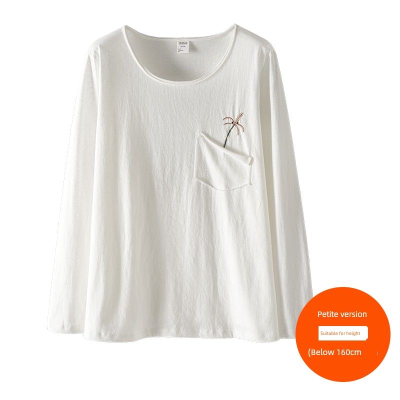 

Plus size women clothing [Nanfa Vacation] Three Kinds of Length Embroidered Pockets Autumn Long sleeves Shirt 100.00kg Thin Top Rice White (below 160cm) 8xl