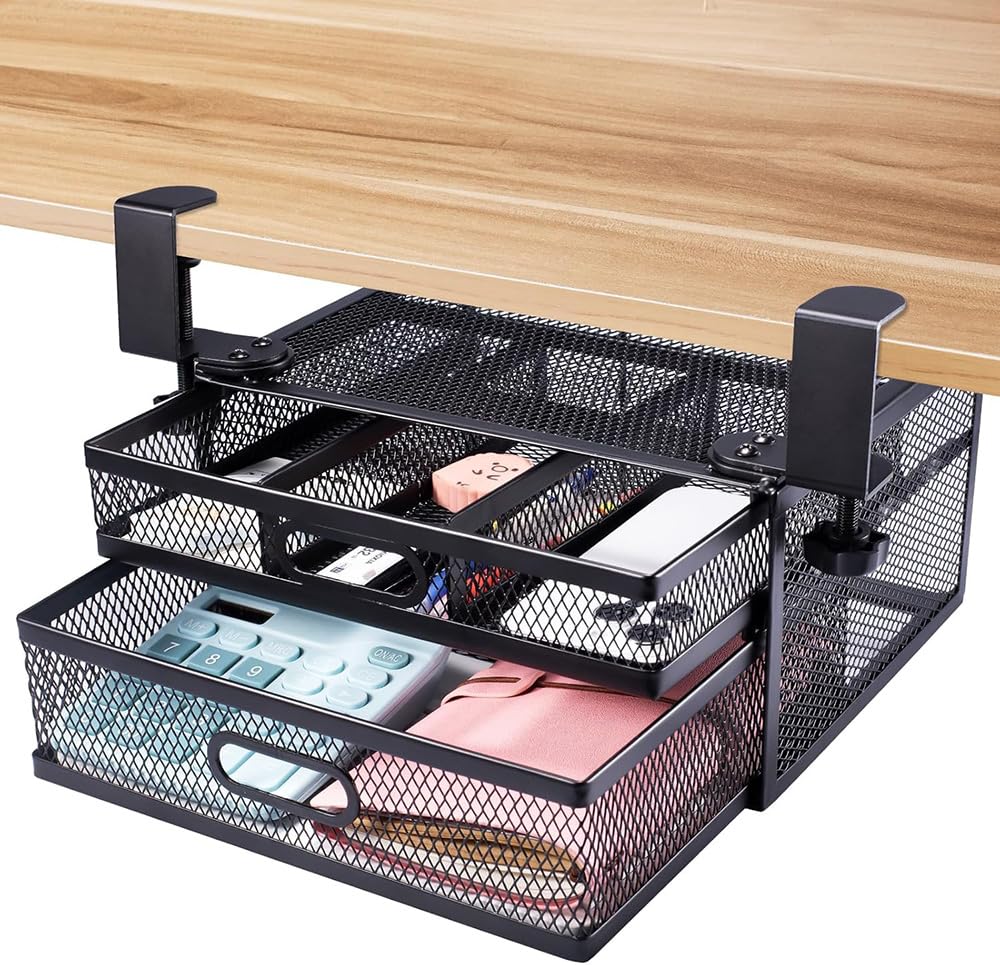 KAZARIKO Drilling Required Storage Sliding Storage Hidden Storage Under Small Item Cutlery Compatible with Tabletops Steel Clamp Attachment [No &