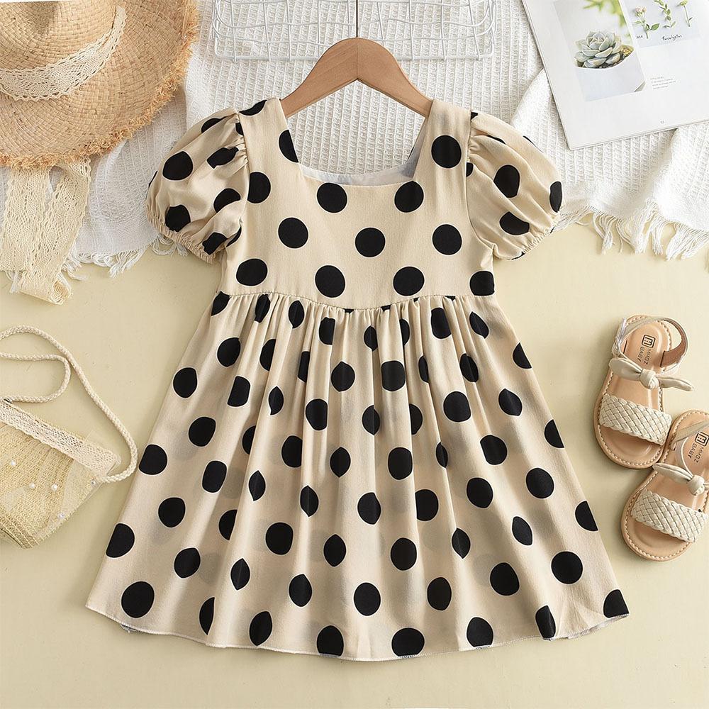 Summer Polka Dot Square Neck Puff Sleeve Dress Casual Vacation Short Sleeve Mini Dress For Women 130cm бежевый
