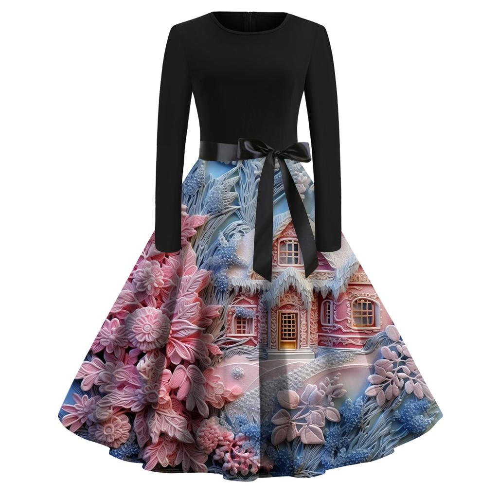 Women's Fashion Round Casual Slim Fit Christmas Print Large Swing Long Sleeve Dress