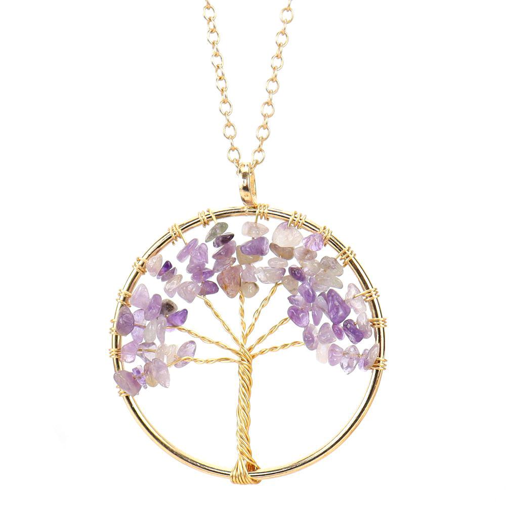 Color Retaining Gold Hand Winding Natural Crystal Gravel Tree Of Life Necklace N104