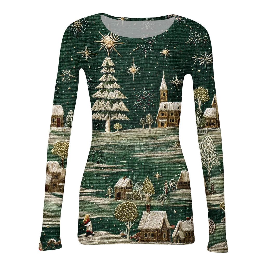 Women's  Slim Bottom T-shirt Fashion Casual Gradient Printing Round Neck Pullover Long Sleeve Top