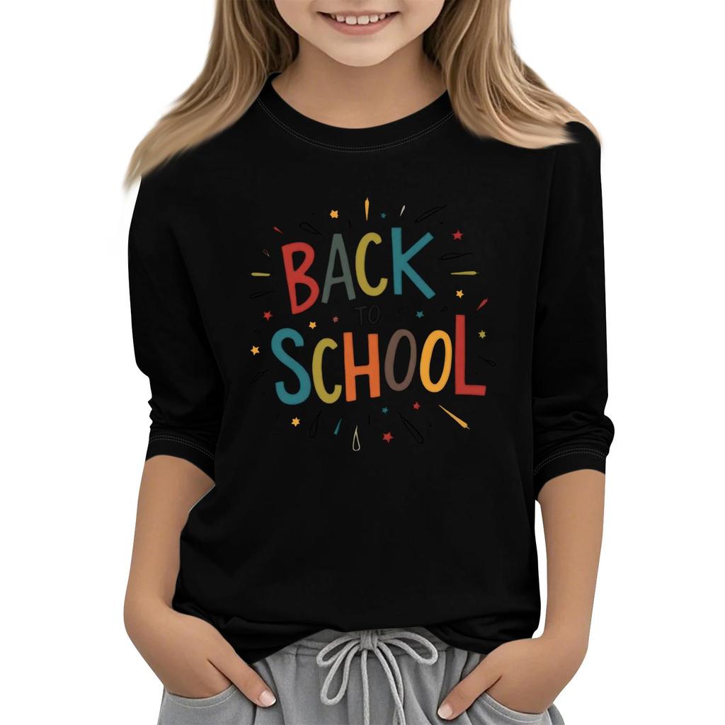 Unisex Casual Back To School Printed Crew Neck Three Quarter Sleeve T-Shirt Comfortable Fit Lightweight Fabric Suitable for Everyday Wear