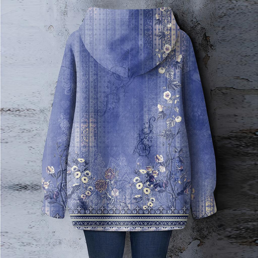 Women's Floral Print Loose Casual Long Sleeved Hooded Sweatshirt