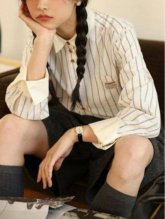 

French Bubble Texture 100% Cotton Color Block Stripe Shirt - Rising Sun Seagull Small baby голубой