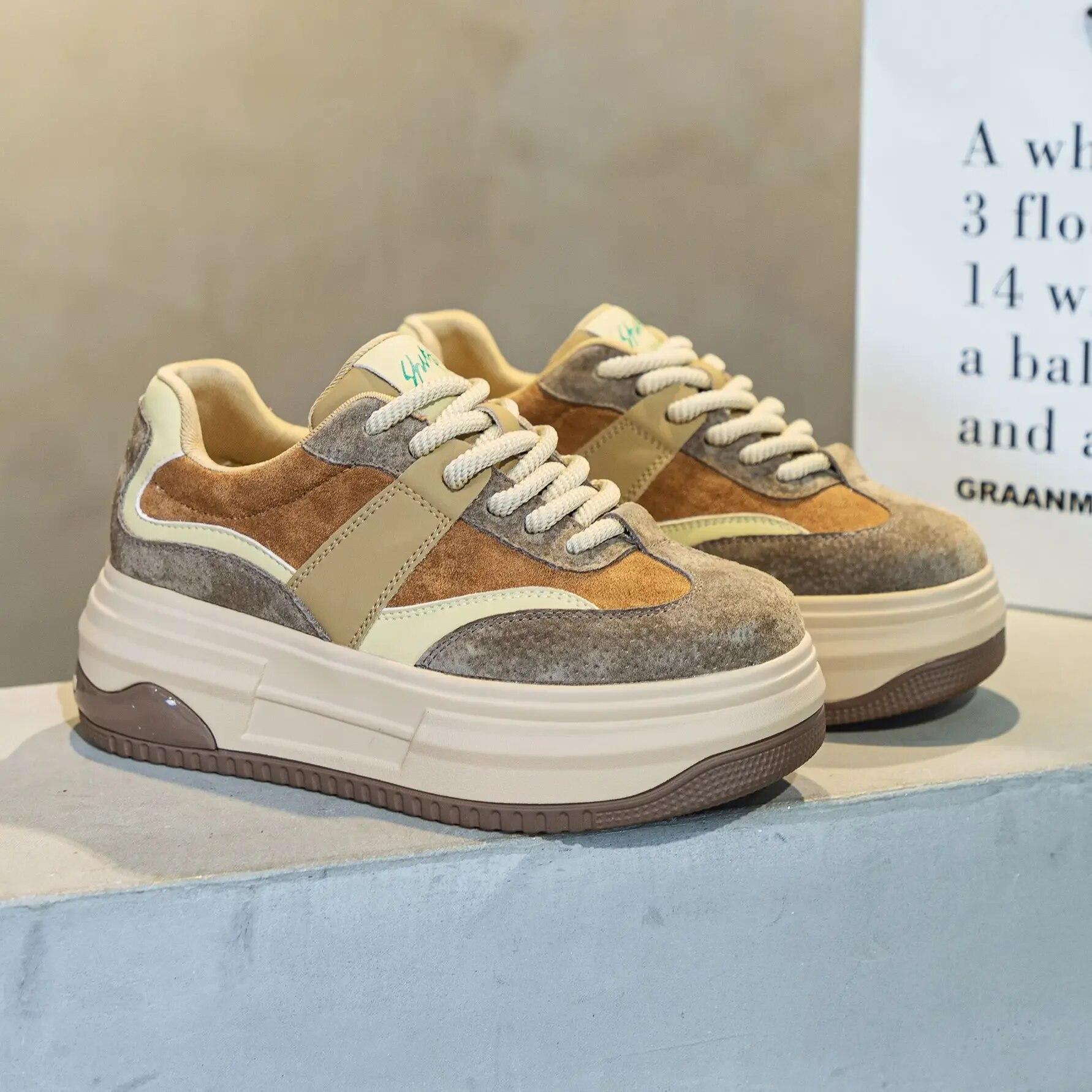 

Fujin 7 см из синтетической натуральной кожи, женские повседневные модные кроссовки на танкетке на платформе, весенне-осенние вулканизированные туфли с контурным рисунком 39 хаки