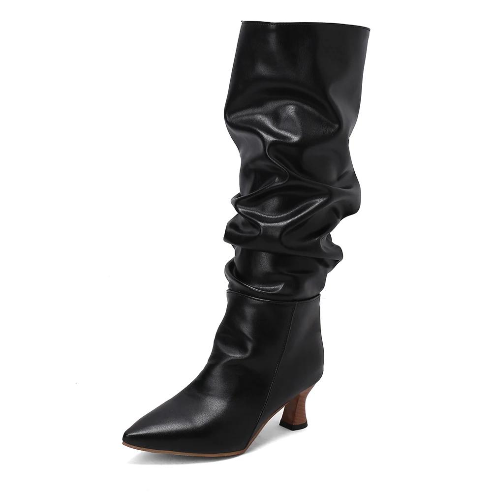 Retro Pleats Thigh High Boots for Women Autumn Thick Heeled Pointed Toe Cowboy Boots Woman Slip On Western Long Botas Mujer