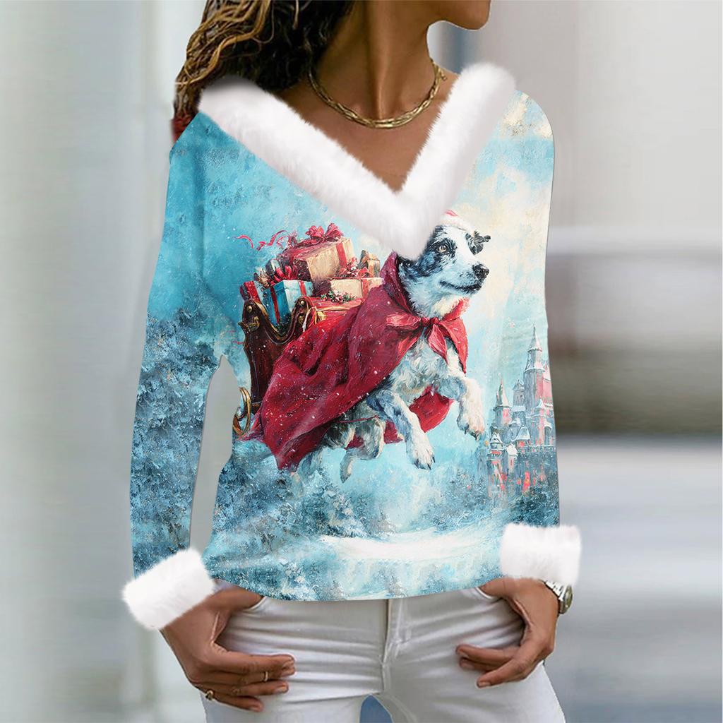 Women's T Shirt Tee Christmas Shirt Long Sleeve Party Christmas Print Fleece Collar V Neck Top