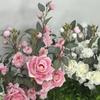 Home Decoration Artificial Flower Potted Roses Cherry Blossom Plants And Green Grass Mixed Placed Birthday Desktop Potted Plant