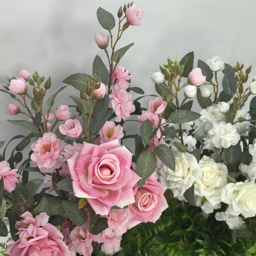 Home Decoration Artificial Flower Potted Roses Cherry Blossom Plants And Green Grass Mixed Placed Birthday Desktop Potted Plant